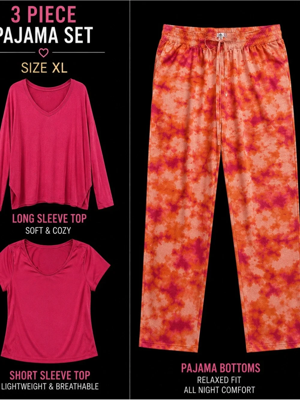 3-Piece Women's Matching Pajama Set - Magenta Tops & Orange Tie-Dye Pants XL
